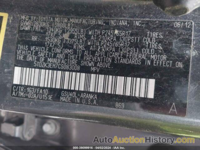 TOYOTA HIGHLANDER BASE V6, 5TDZK3EH7CS083008