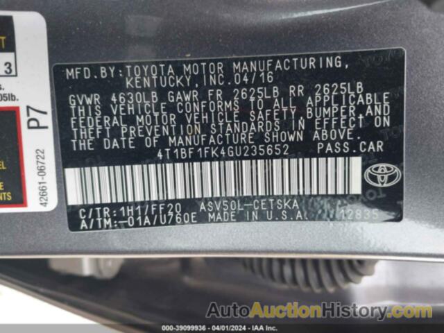 TOYOTA CAMRY LE/XLE/SE/XSE, 4T1BF1FK4GU235652