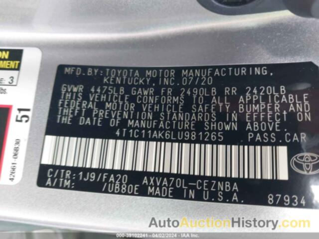 TOYOTA CAMRY LE, 4T1C11AK6LU981265