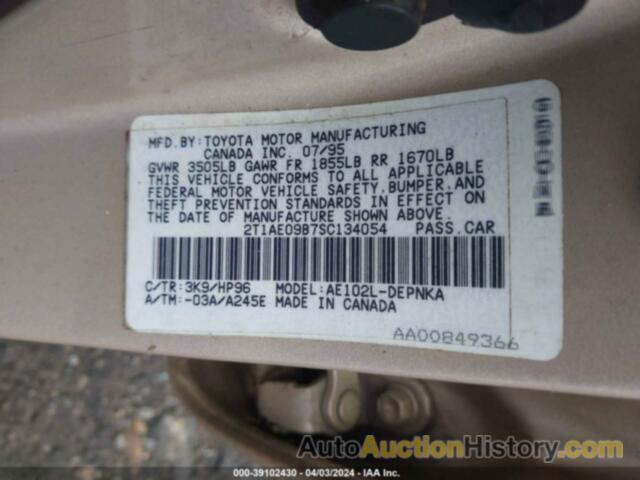 TOYOTA COROLLA LE/DX, 2T1AE09B7SC134054