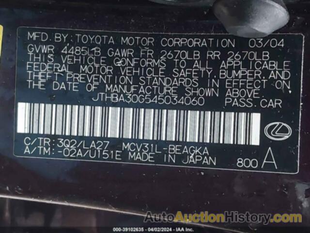 LEXUS ES 330, JTHBA30G545034060