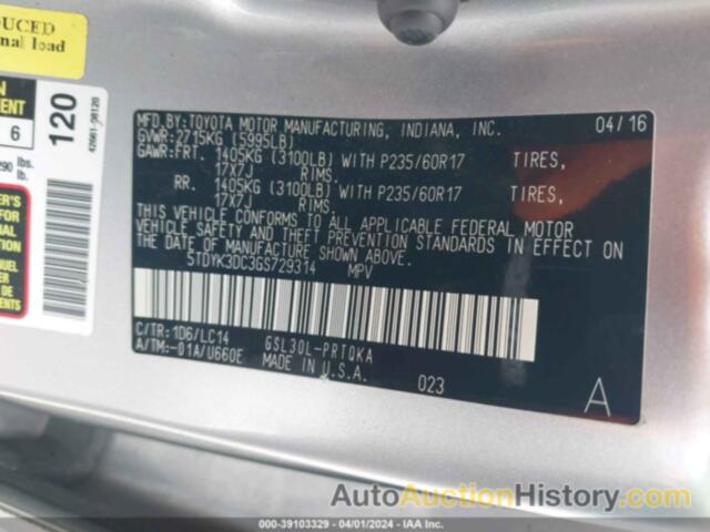 TOYOTA SIENNA XLE PREMIUM 8 PASSENGER, 5TDYK3DC3GS729314