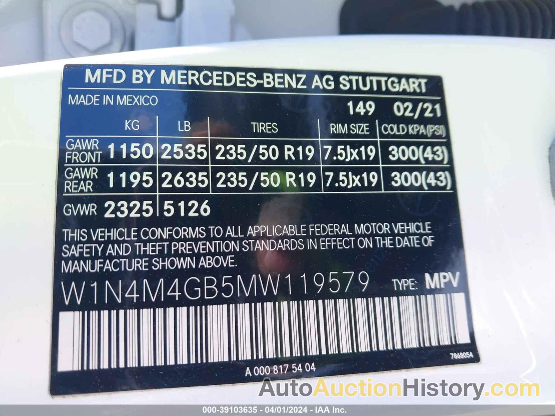 MERCEDES-BENZ GLB 250, W1N4M4GB5MW119579