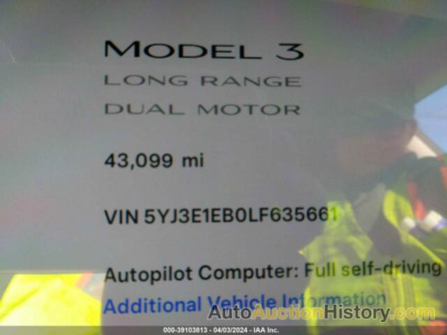 TESLA MODEL 3 LONG RANGE DUAL MOTOR ALL-WHEEL DRIVE, 5YJ3E1EB0LF635661