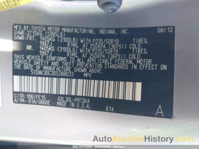 TOYOTA SIENNA SE 8 PASSENGER, 5TDXK3DC3DS288033