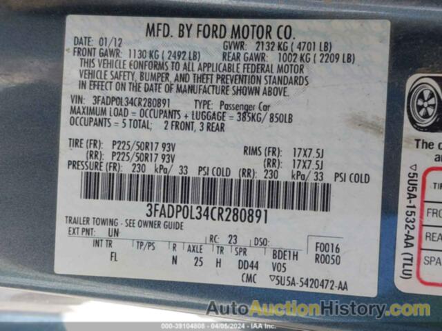 FORD FUSION HYBRID, 3FADP0L34CR280891