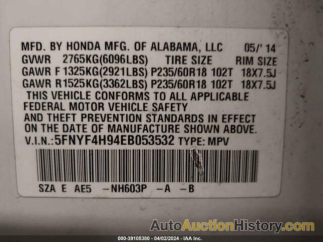 HONDA PILOT TOURING, 5FNYF4H94EB053532