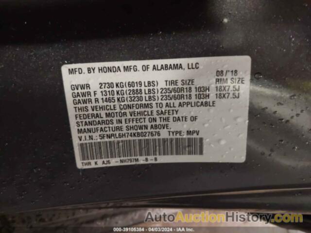 HONDA ODYSSEY EX-L, 5FNRL6H74KB027676