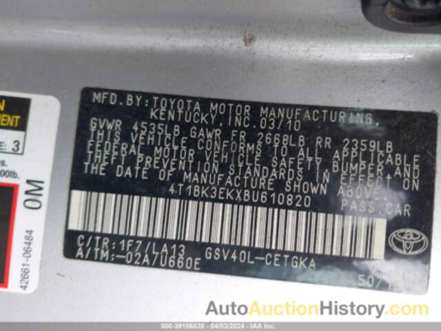 TOYOTA CAMRY SE/LE/XLE, 4T1BK3EKXBU610820