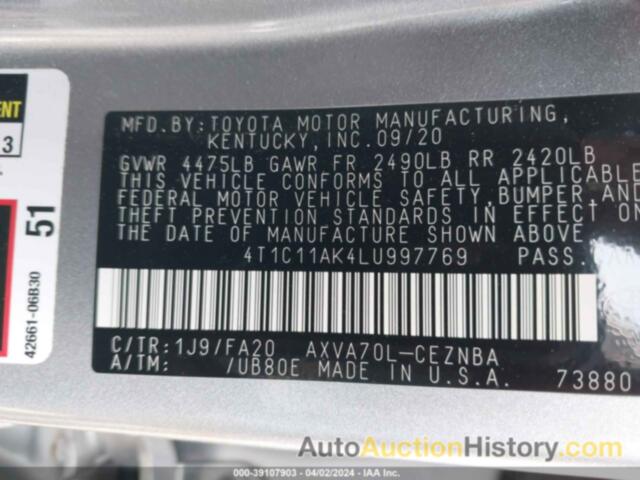 TOYOTA CAMRY LE, 4T1C11AK4LU997769