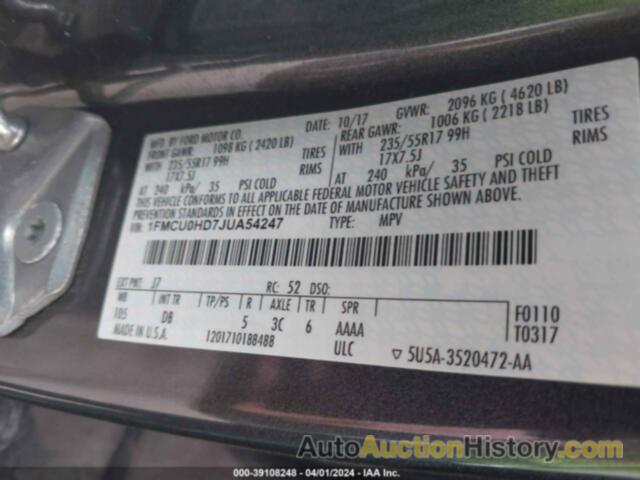 FORD ESCAPE SEL, 1FMCU0HD7JUA54247