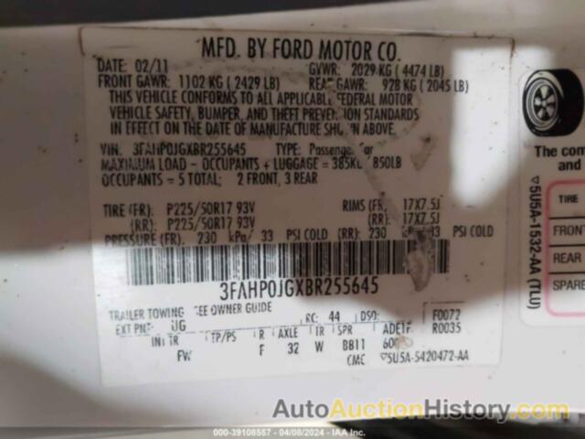 FORD FUSION SEL, 3FAHP0JGXBR255645