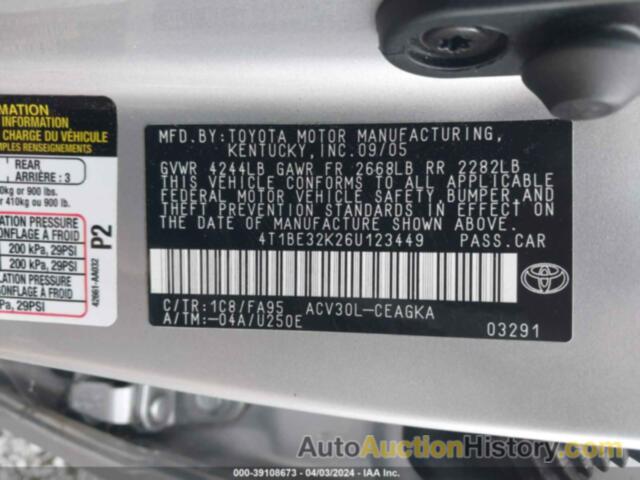 TOYOTA CAMRY XLE, 4T1BE32K26U123449