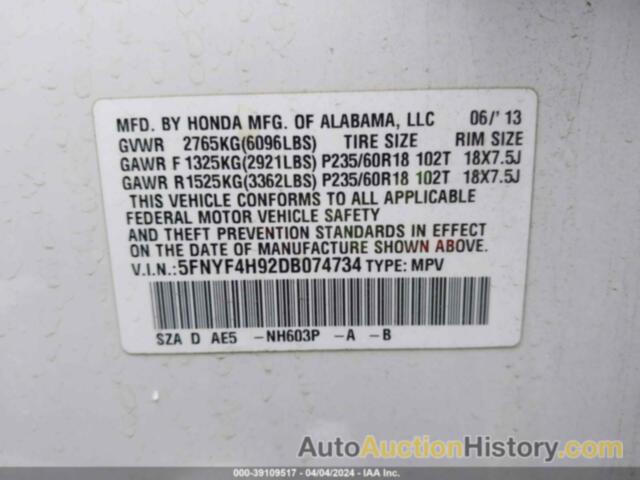 HONDA PILOT TOURING, 5FNYF4H92DB074734