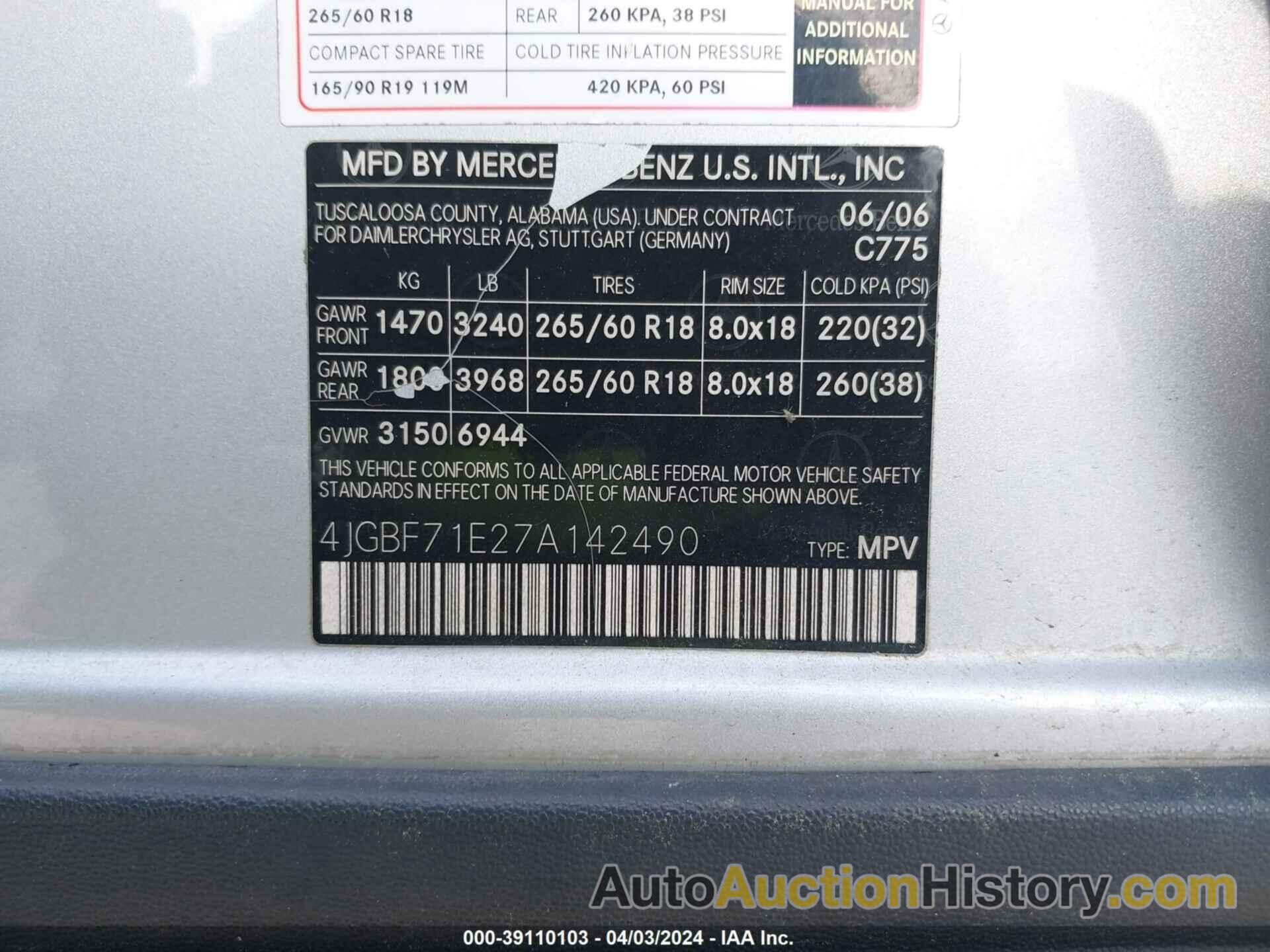 MERCEDES-BENZ GL 450 4MATIC, 4JGBF71E27A142490