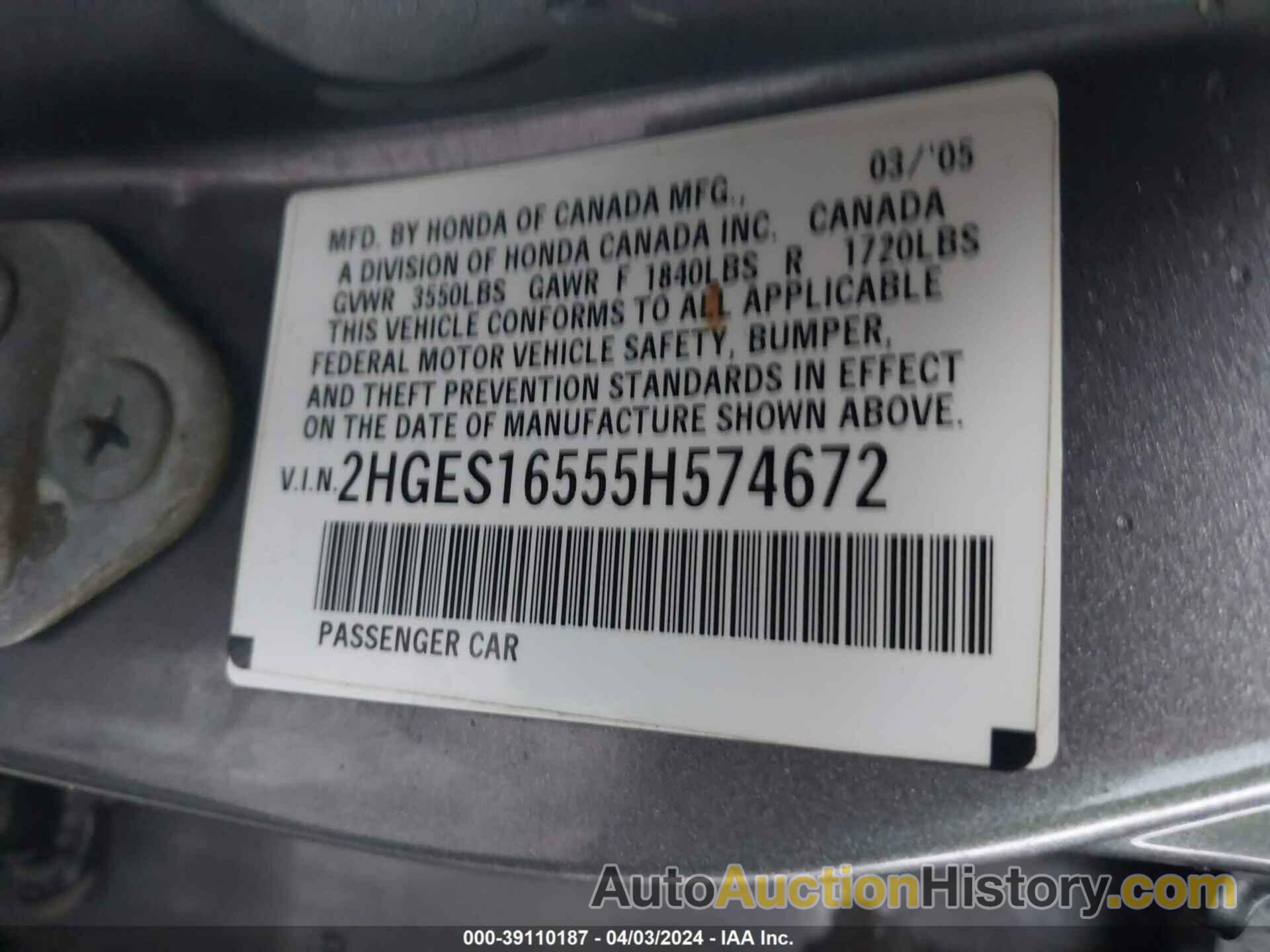 HONDA CIVIC LX, 2HGES16555H574672