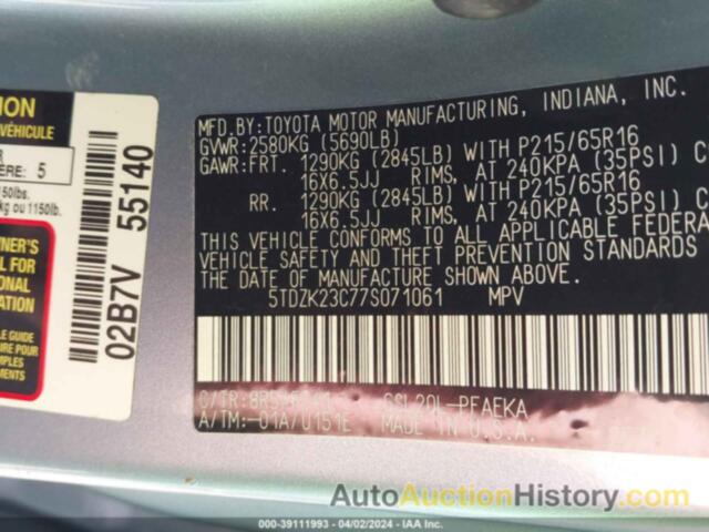 TOYOTA SIENNA LE, 5TDZK23C77S071061