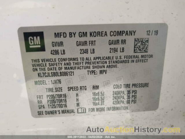 CHEVROLET TRAX FWD LT, KL7CJLSB0LB086121