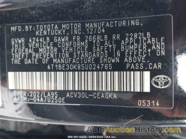 TOYOTA CAMRY XLE, 4T1BE30K85U024765