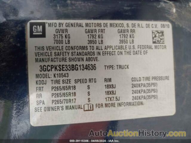 CHEVROLET SILVERADO 1500 K1500 LT, 3GCPKSE33BG134636