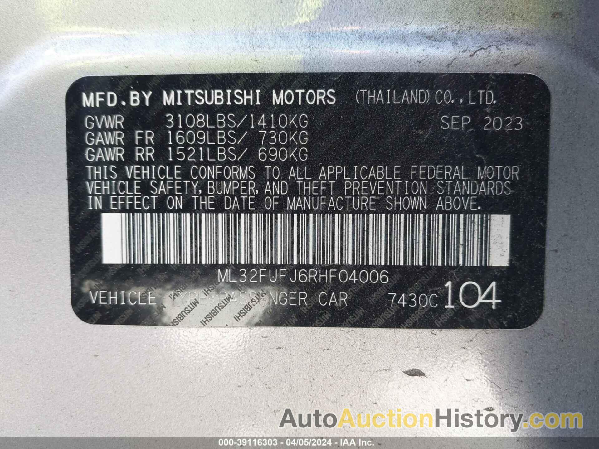 MITSUBISHI MIRAGE G4 ES, ML32FUFJ6RHF04006