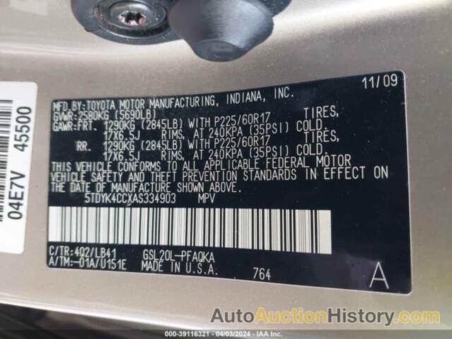 TOYOTA SIENNA XLE/XLE LIMITED, 5TDYK4CCXAS334903