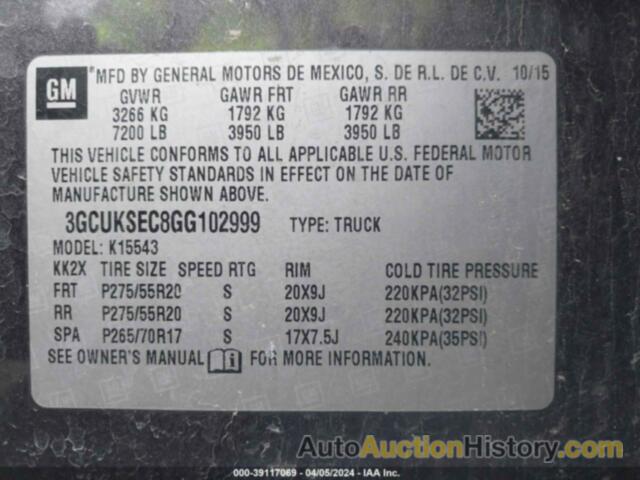 CHEVROLET SILVERADO 1500 1LZ, 3GCUKSEC8GG102999