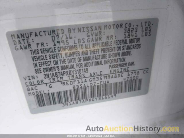 NISSAN SENTRA SV, 3N1AB7APXGY315149