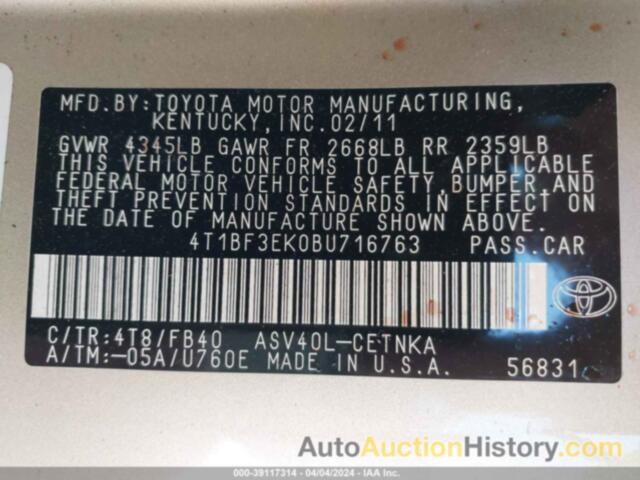 TOYOTA CAMRY SE/LE/XLE, 4T1BF3EK0BU716763