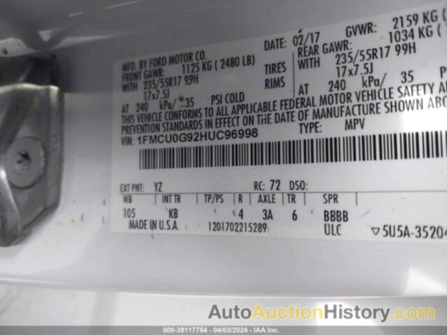 FORD ESCAPE SE, 1FMCU0G92HUC96998