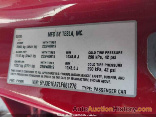 TESLA MODEL 3 STANDARD RANGE PLUS REAR-WHEEL DRIVE/STANDARD RANGE REAR-WHEEL DRIVE, 5YJ3E1EA7LF661276