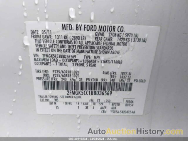 FORD FLEX SEL, 2FMGK5CC1BBD36569