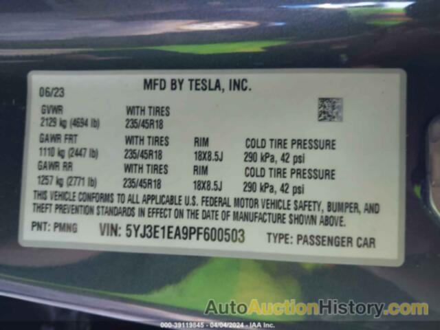 TESLA MODEL 3 REAR-WHEEL DRIVE, 5YJ3E1EA9PF600503