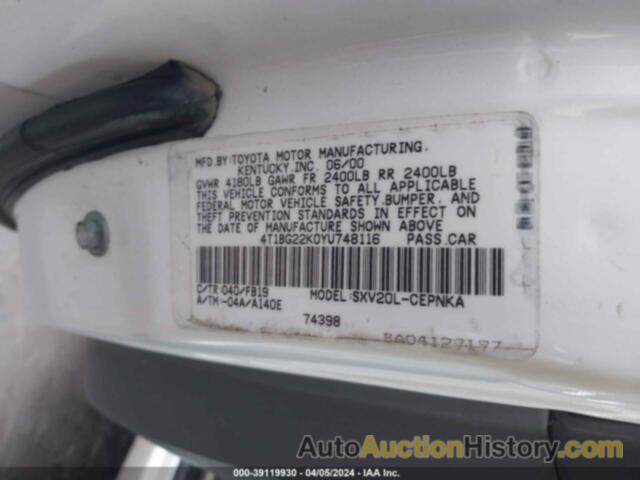 TOYOTA CAMRY LE, 4T1BG22K0YU748116