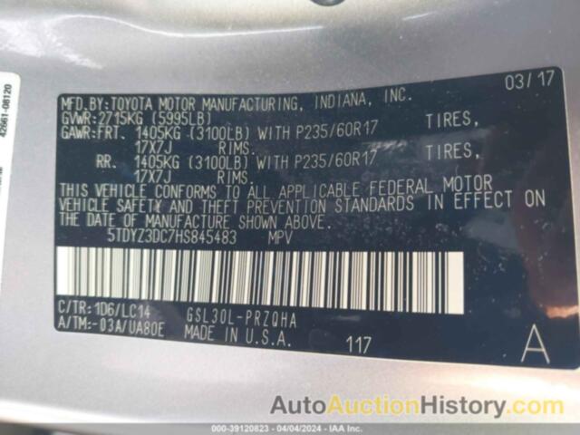 TOYOTA SIENNA XLE/LIMITED, 5TDYZ3DC7HS845483