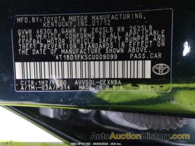 TOYOTA CAMRY HYBRID/LE/XLE, 4T1BD1FK5CU009099