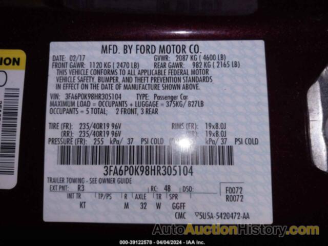 FORD FUSION TITANIUM, 3FA6P0K98HR305104