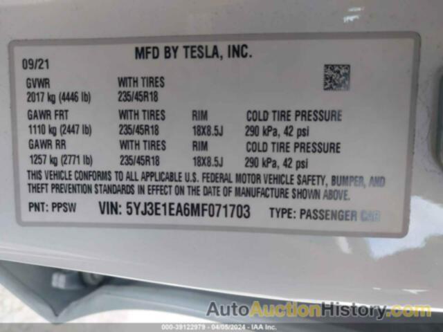 TESLA MODEL 3 STANDARD RANGE PLUS REAR-WHEEL DRIVE, 5YJ3E1EA6MF071703