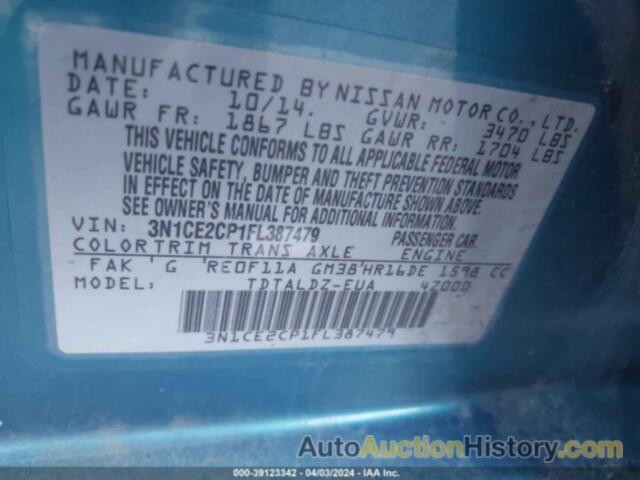 NISSAN VERSA NOTE SV, 3N1CE2CP1FL387479