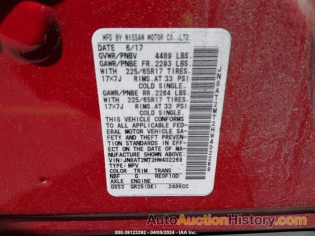 NISSAN ROGUE S, JN8AT2MT2HW402269