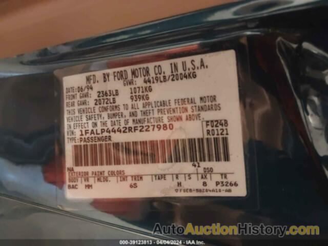 FORD MUSTANG, 1FALP4442RF227980