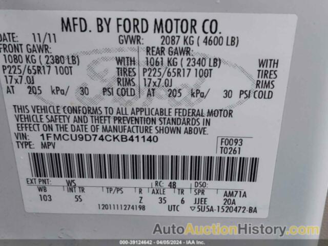 FORD ESCAPE XLT, 1FMCU9D74CKB41140