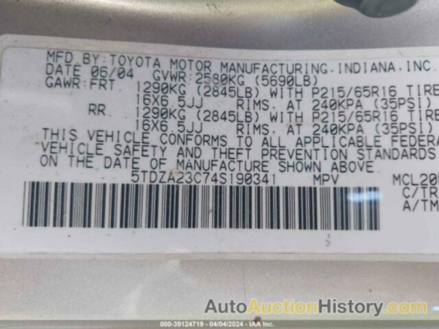 TOYOTA SIENNA LE, 5TDZA23C74S190341