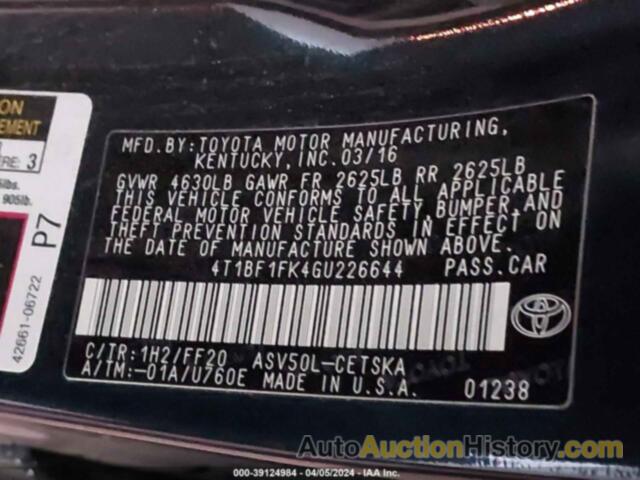 TOYOTA CAMRY SE, 4T1BF1FK4GU226644