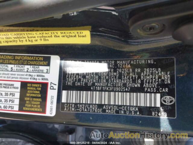 TOYOTA CAMRY XLE, 4T1BF1FK3FU902547