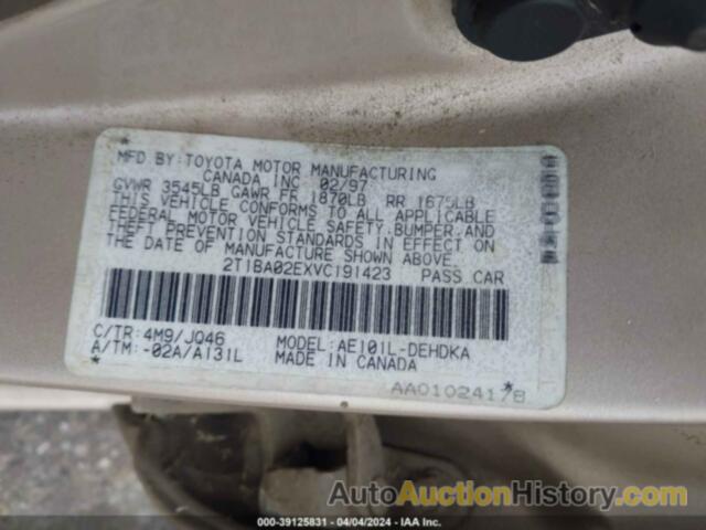 TOYOTA COROLLA STD, 2T1BA02EXVC191423