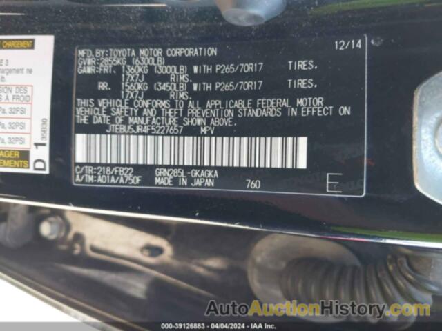 TOYOTA 4RUNNER SR5, JTEBU5JR4F5227657