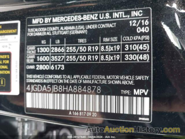 MERCEDES-BENZ GLE 350, 4JGDA5JB8HA884878