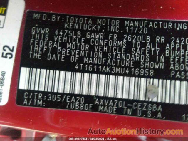 TOYOTA CAMRY SE, 4T1G11AK3MU416958