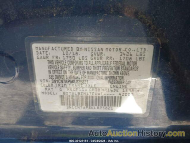 NISSAN VERSA S/S PLUS/SV, 3N1CN7AP5KL825821